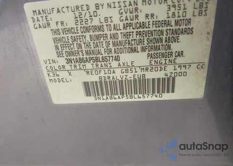 2011 Nissan Sentra 2.0Sl z USA, uszkodzony, nr VIN 3N1AB6AP5BL657740